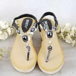 NEW!!! Siketu Wedge T-Strap Sandals w/ Gem Accents